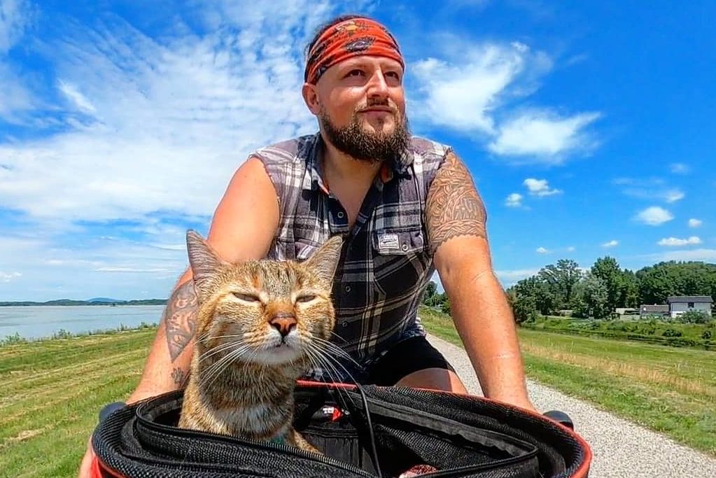 man travelling with cat nala
